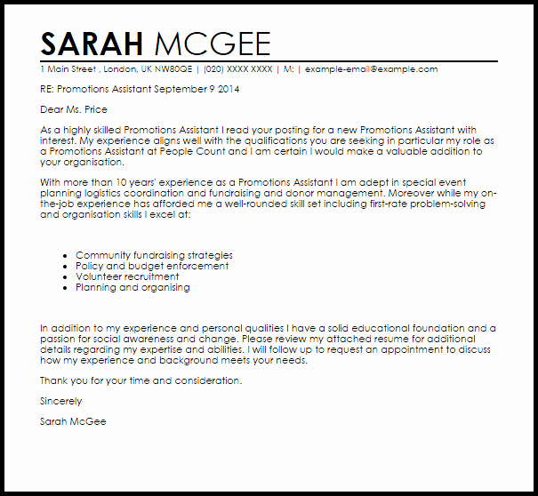 Promotions assistant Cover Letter Sample