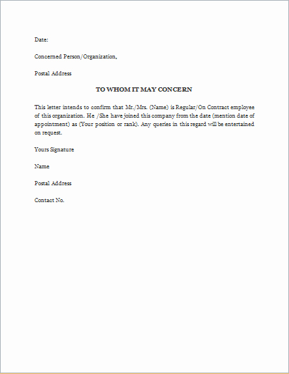 Proof Of Employment Letter Template