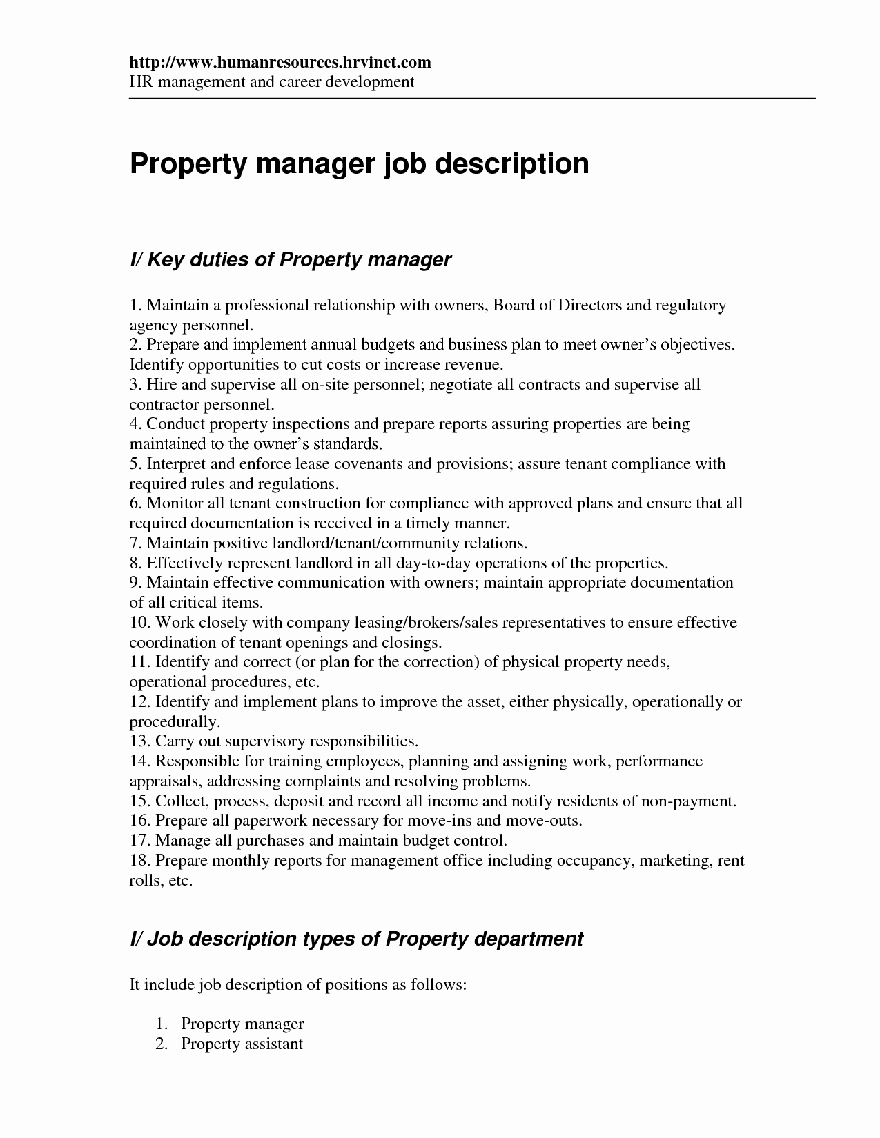 property manager job description samples