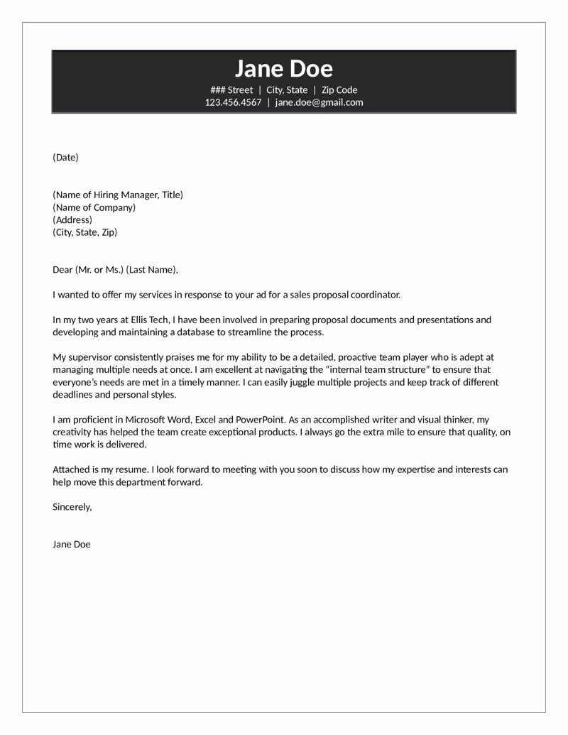 Proposal Coordinator Cover Letter