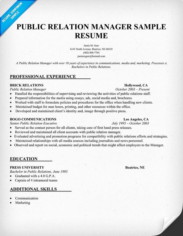 Public Relation Manager Resume Sample Pr