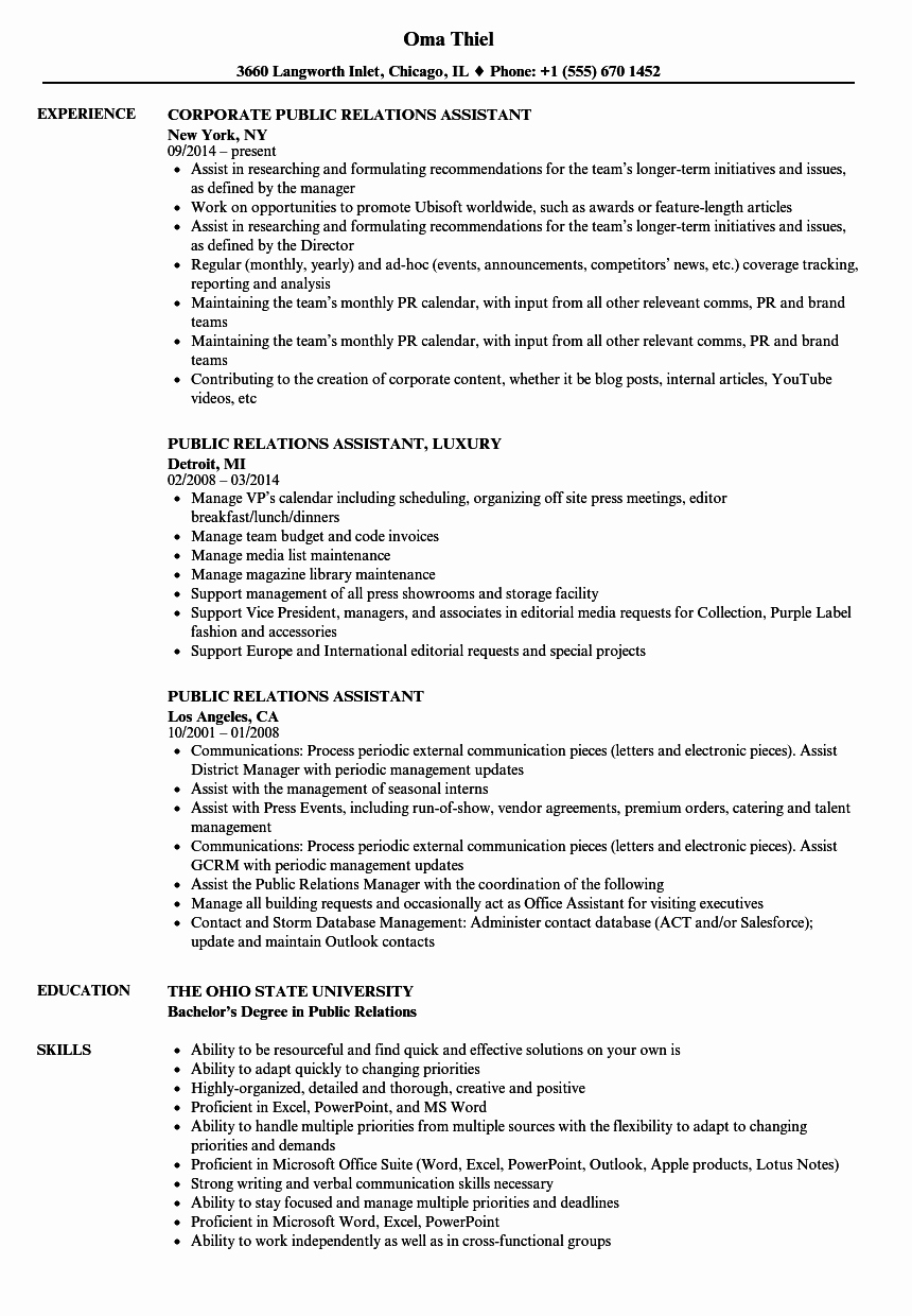 Public Relations assistant Resume Samples