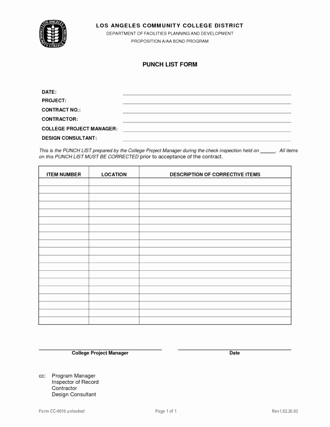 Punch List Template Word Excel Pdf formats