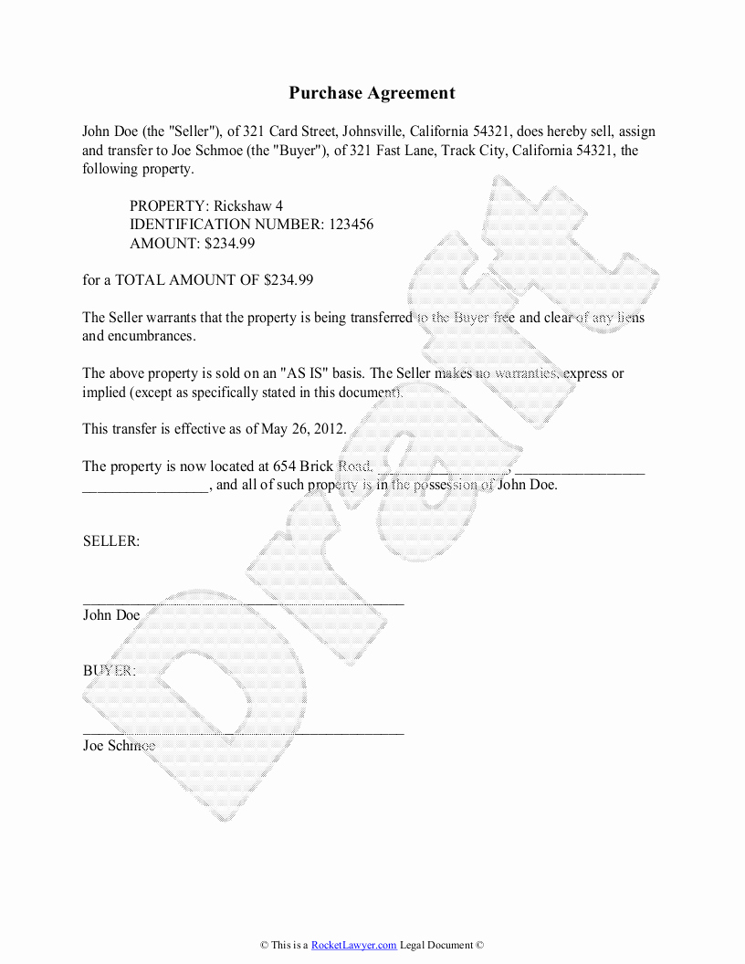 Purchase Agreement Template Free Purchase Agreement