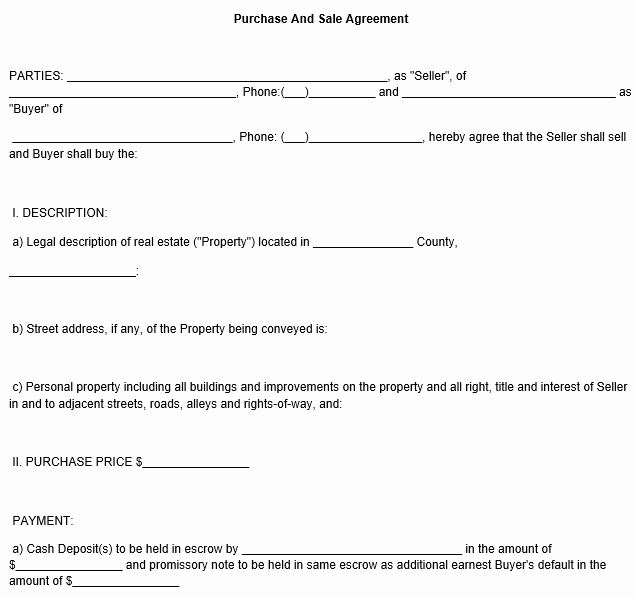 Purchase and Sale Agreement form Template Free Purchase