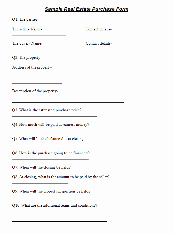 Purchase forms Free form Templates – Free Real Estate