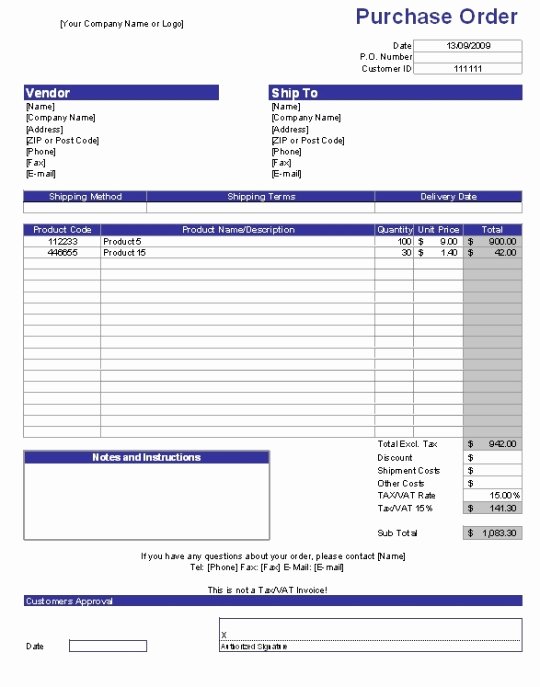 Purchase order form Template with Favorite Products List