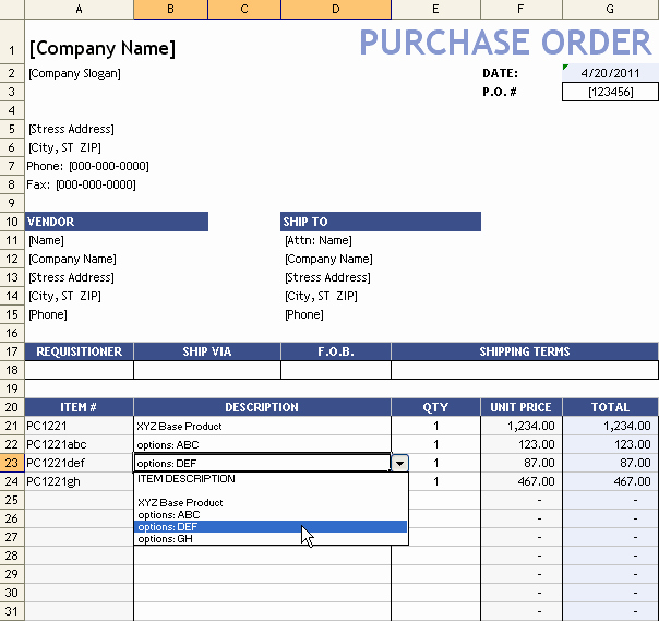Purchase order with Price List