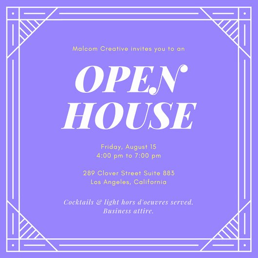 Purple and Yellow Open House Invitation Templates by Canva