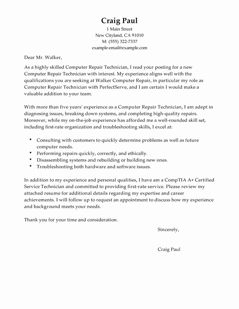 Puter Repair Technician Cover Letter Examples