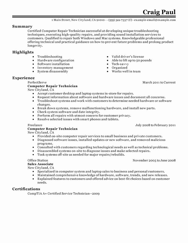 Puter Repair Technician Resume Examples Created by