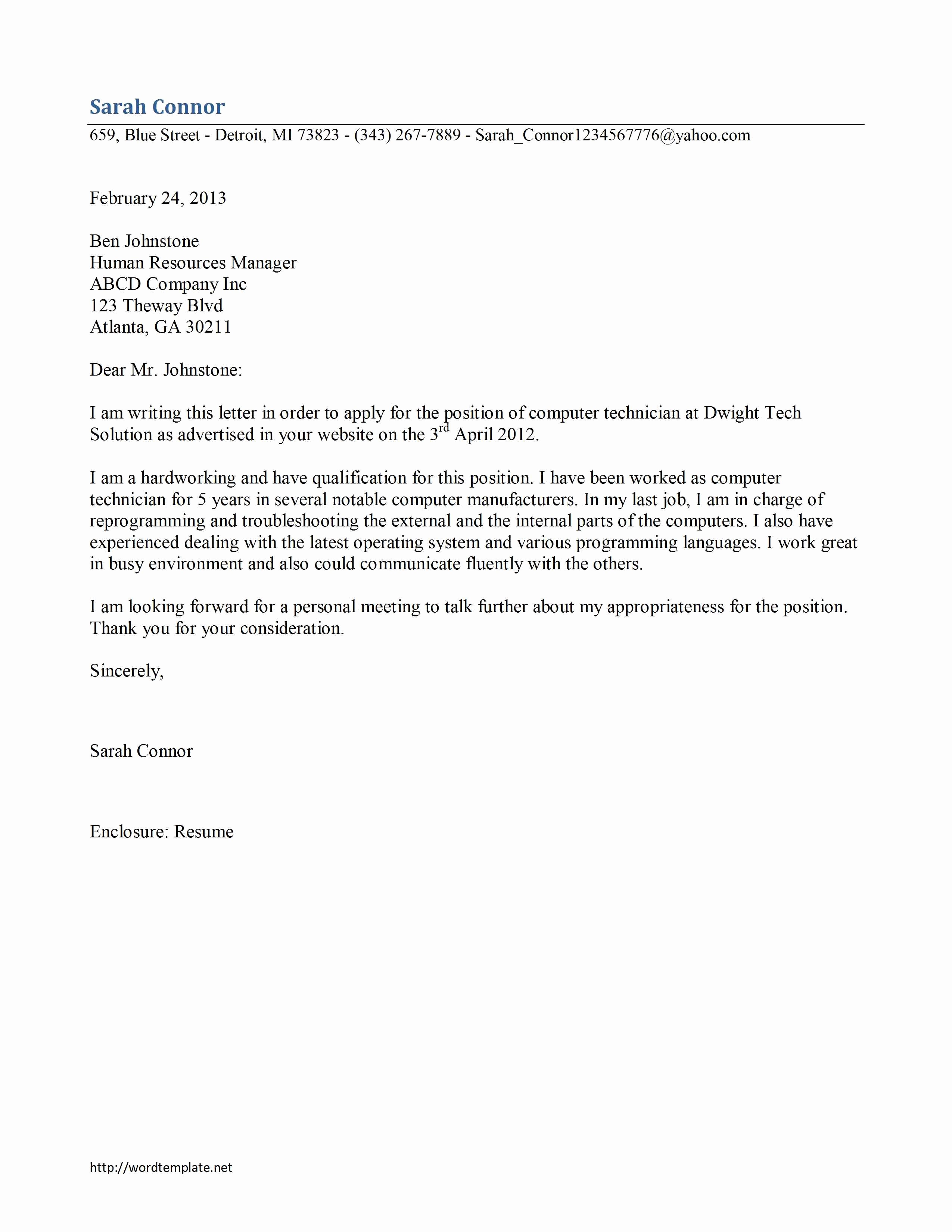 Puter Technician Cover Letter Template