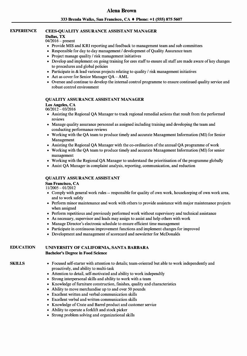 Quality assurance assistant Resume Samples