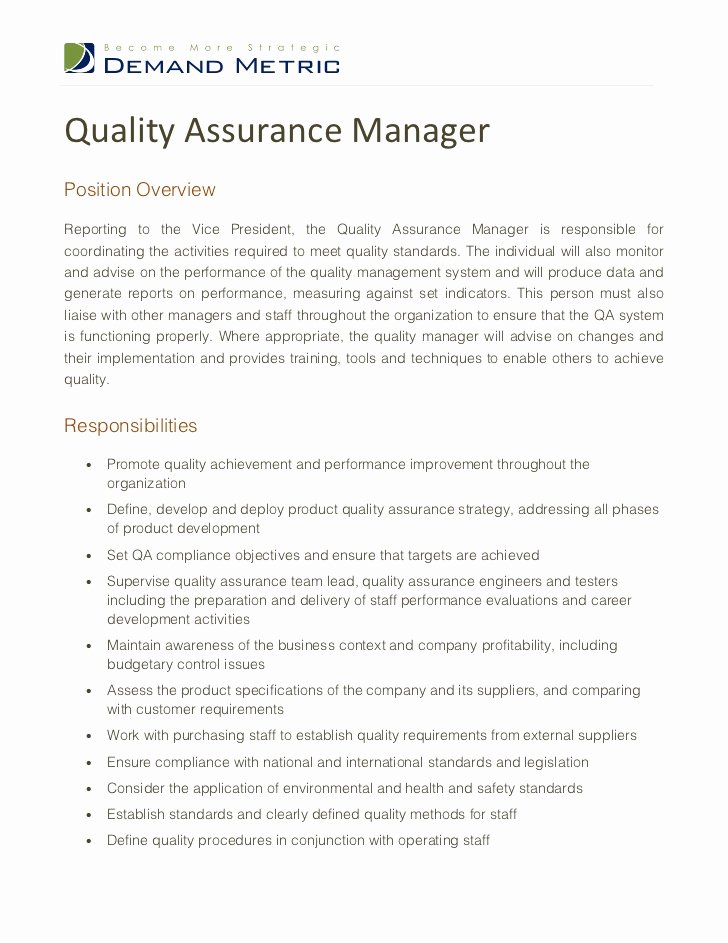Quality assurance Manager Job Description