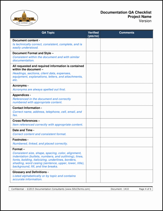 Quality Checklist Template Excel