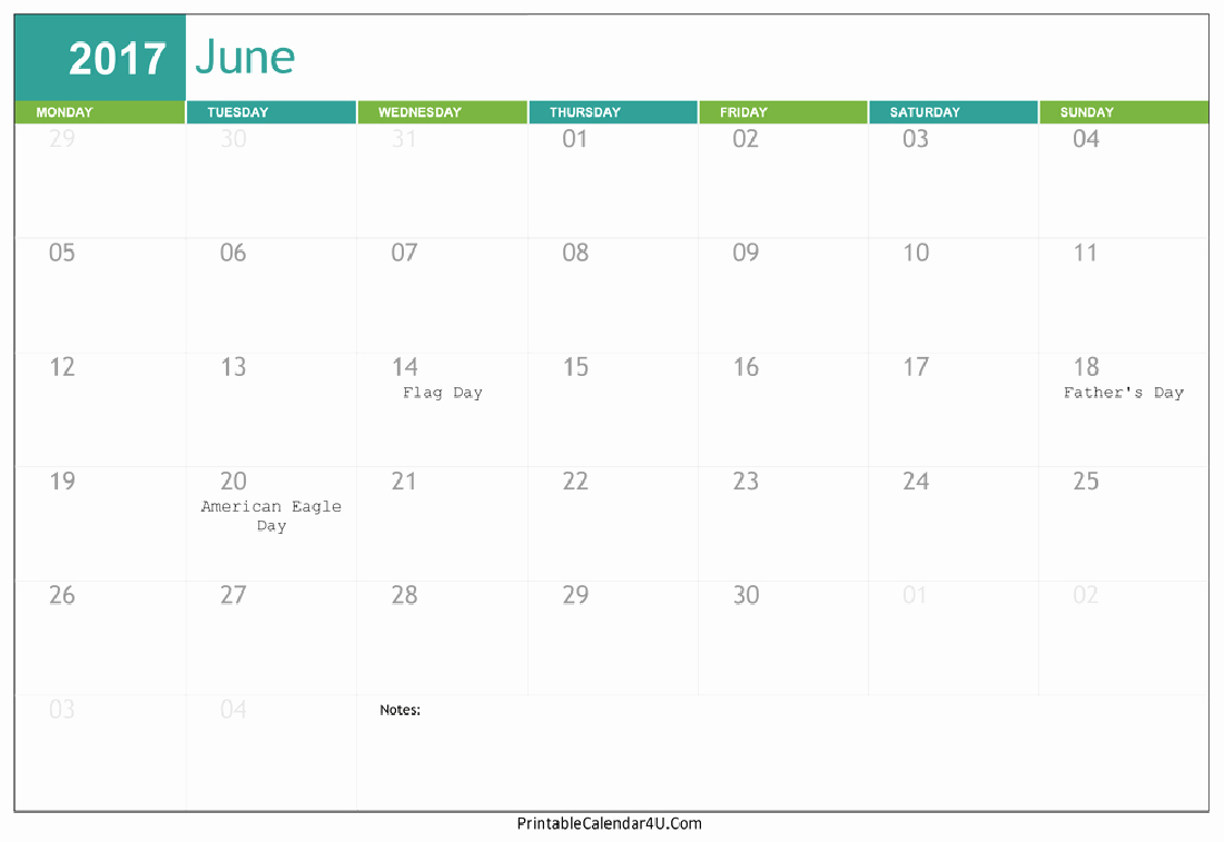 &quot;june 2017 Excel Calendar Blank Template