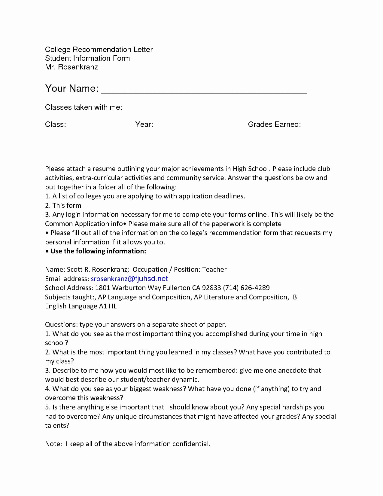 Re Mendation Letter for College Template