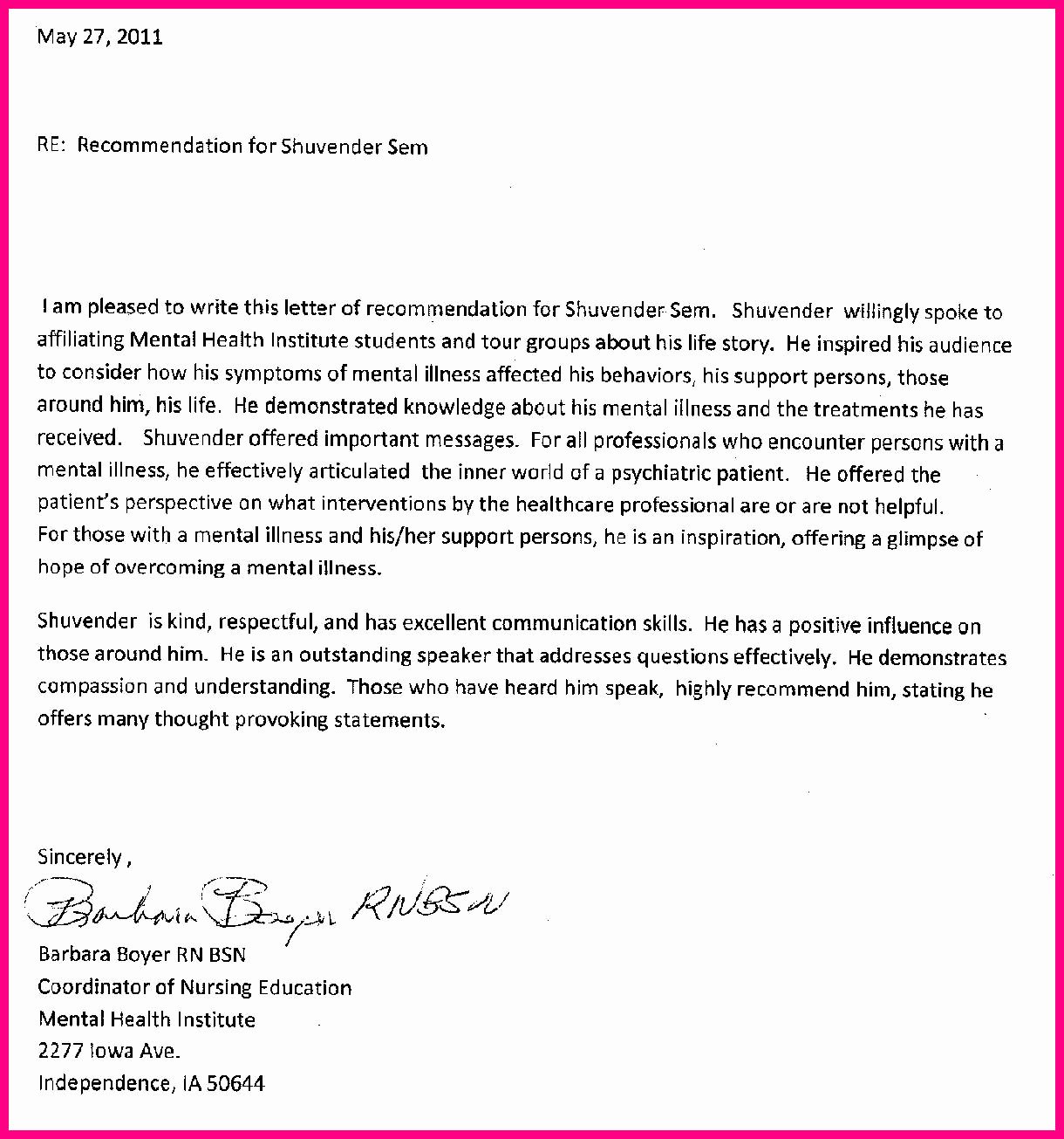 Re Mendation Letter Sample for Nursing School