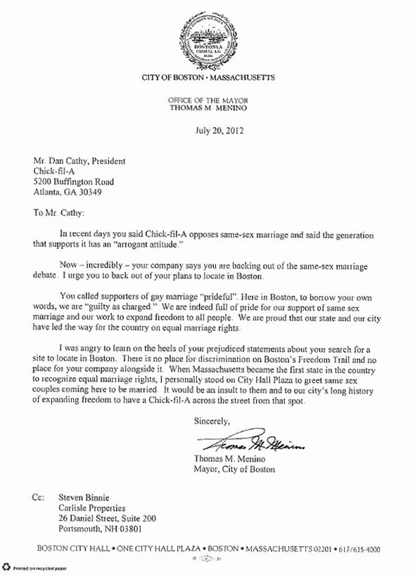 Read the Letter that the Mayor Boston Sent to Chick Fil