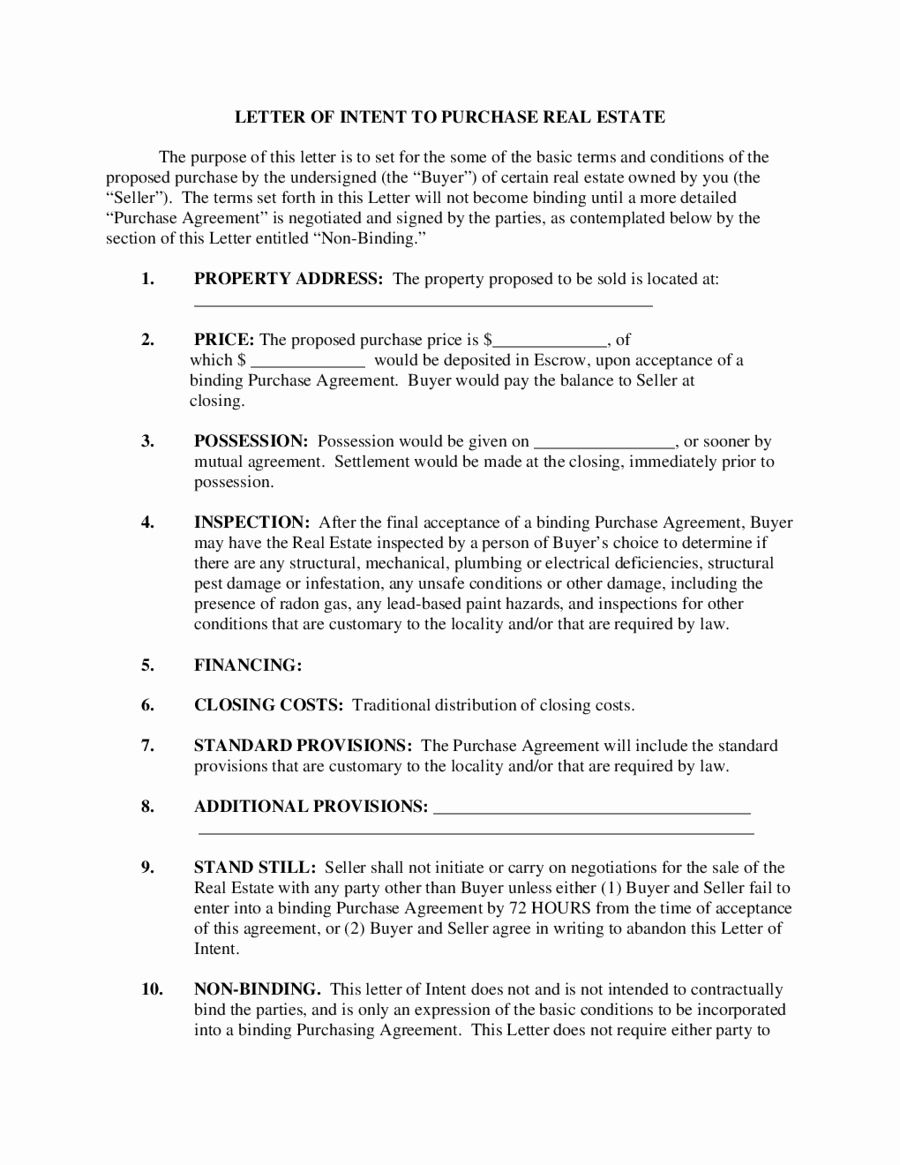 real estate letter of intent template format example sample