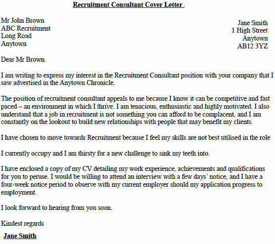 Recruitment Consultant Cover Letter Example Lettercv
