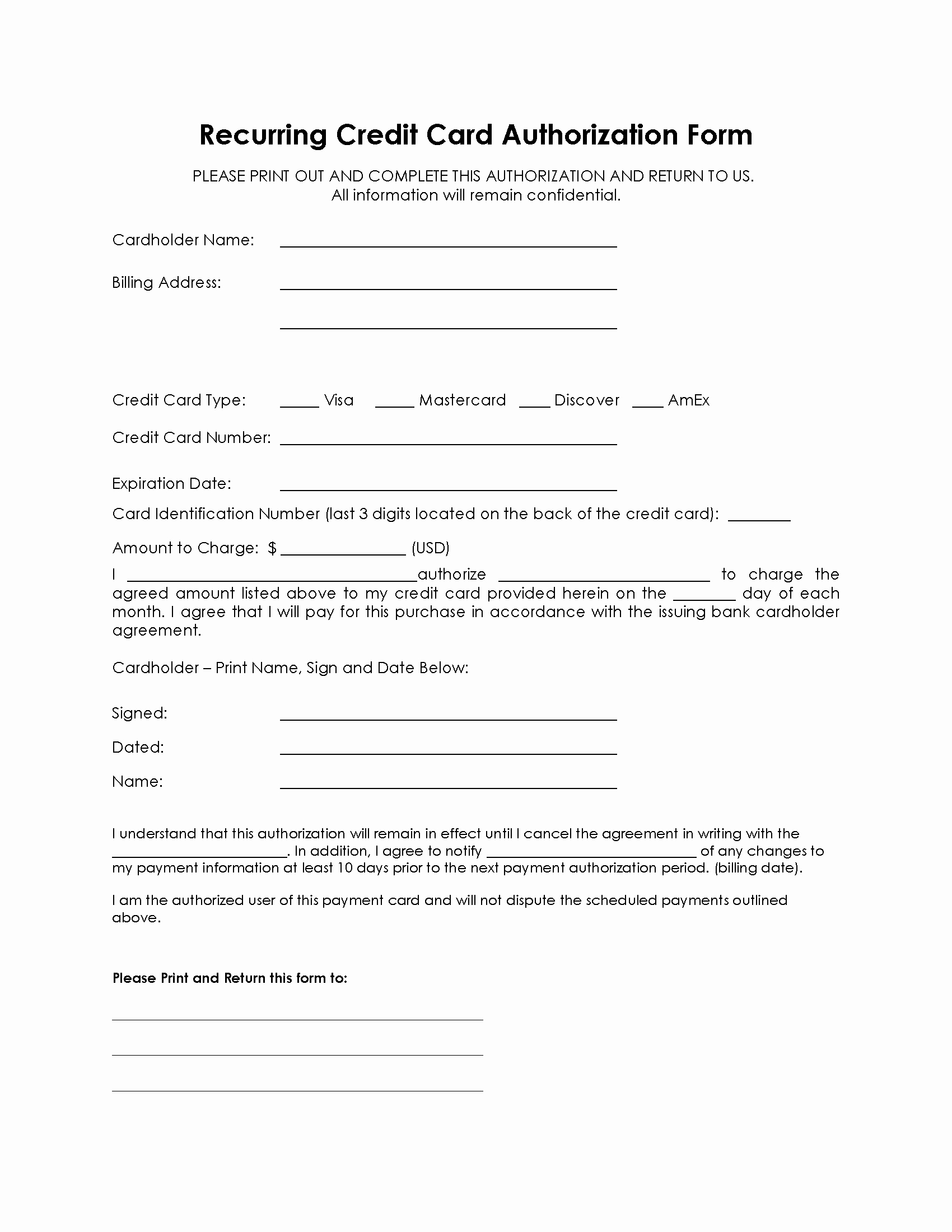 Recurring Payment Authorization form Free Authorization