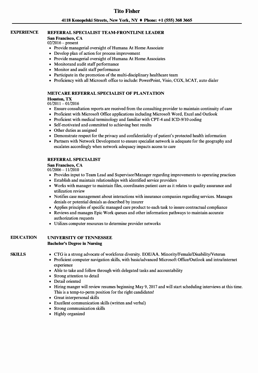 Referral Specialist Resume Samples