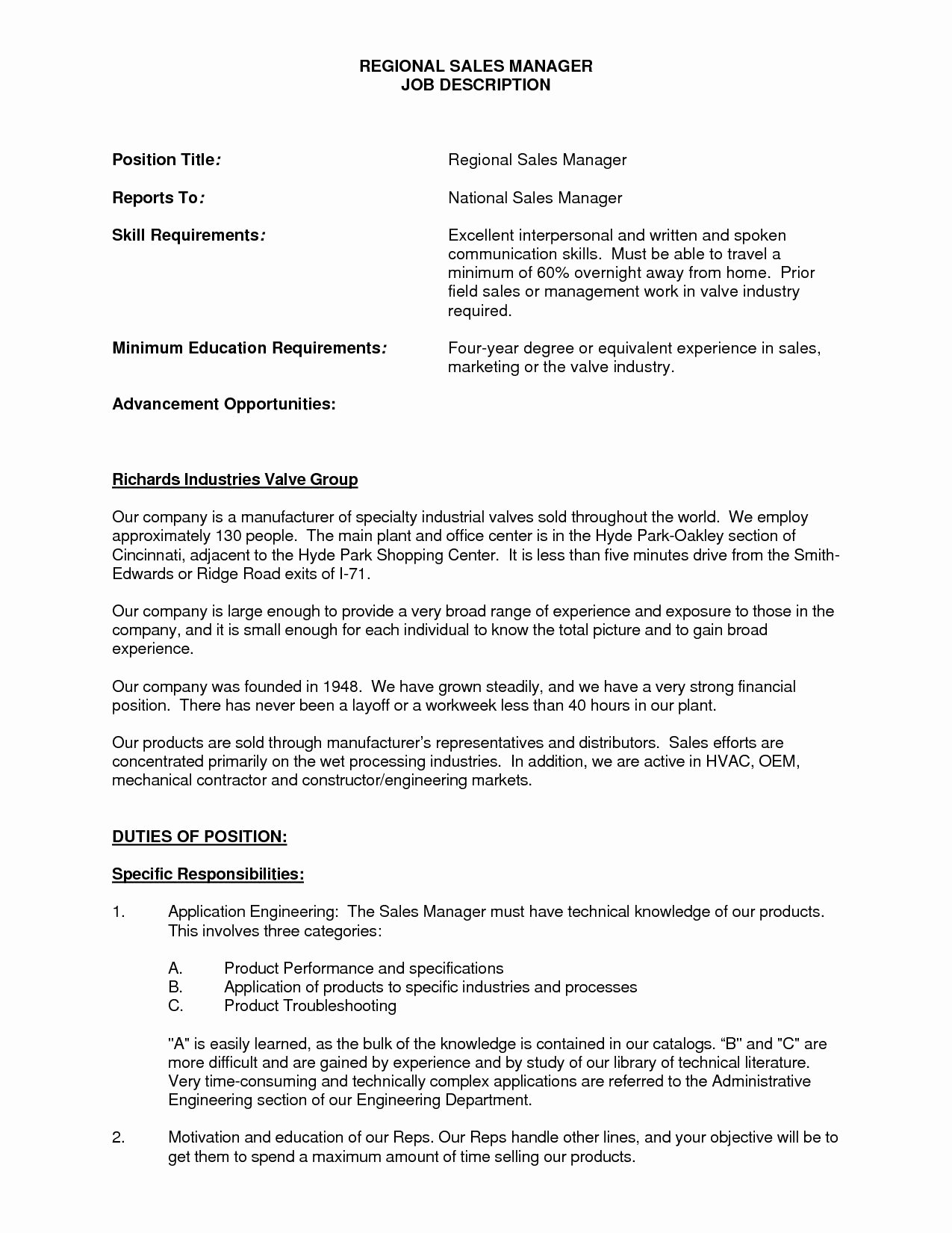 Regional Sales Manager Job Description Resume Sidemcicek