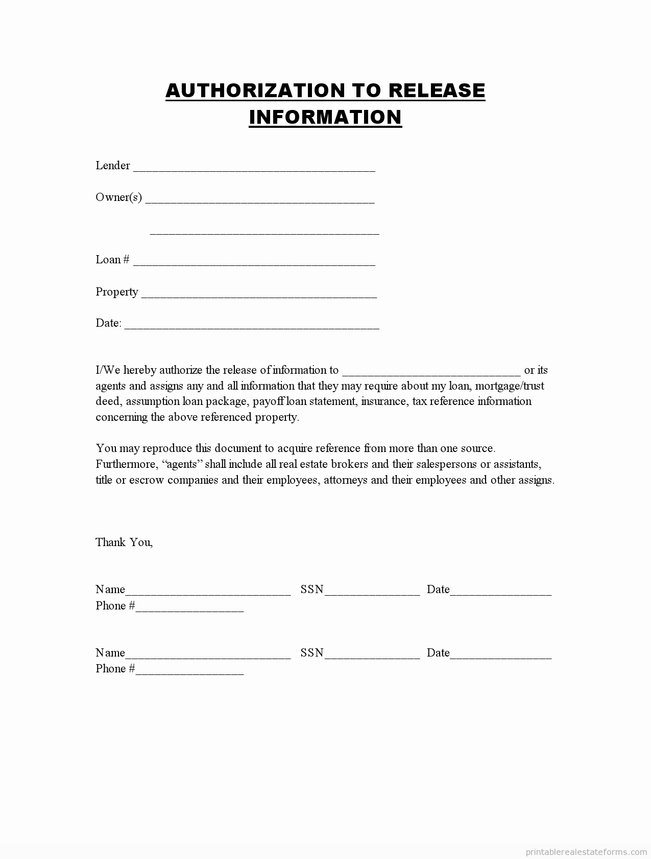 Release Information forms Printable Blank Template