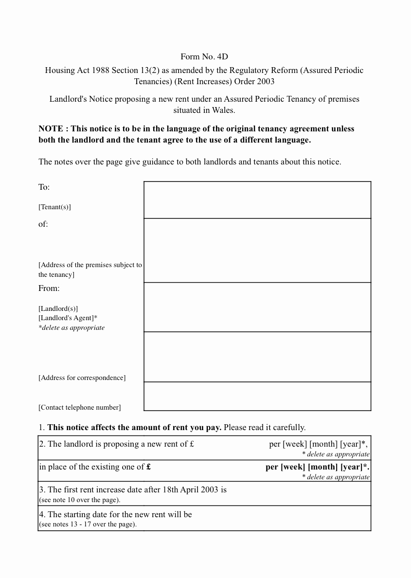 Rent Increase form Wales – Section 13 Notice