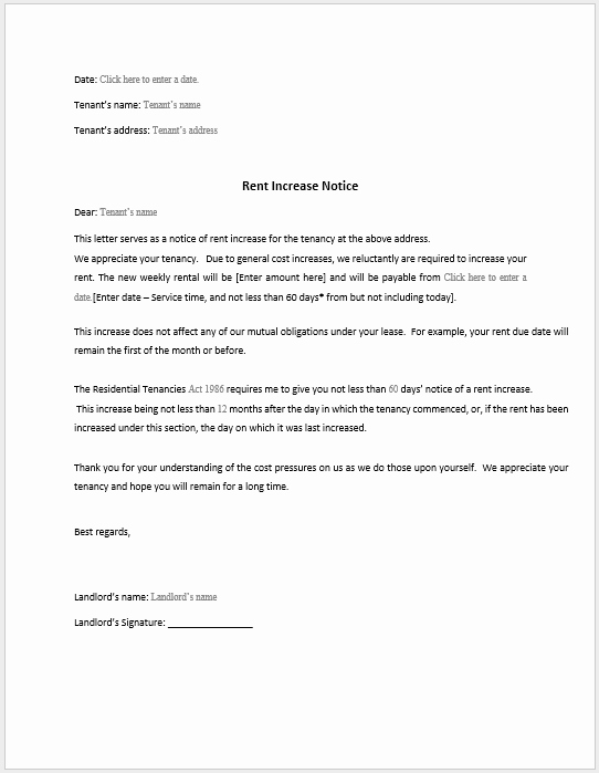 Rent Increase Notice Letter Template Landlord Tenant