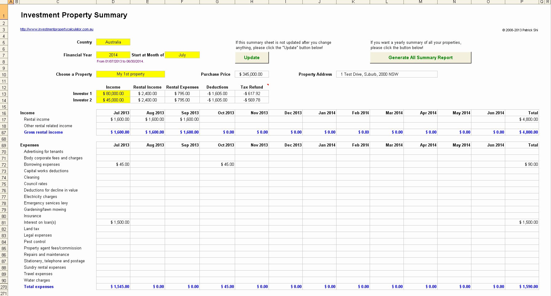 Rental Investment Property Record Keeping Spreadsheet