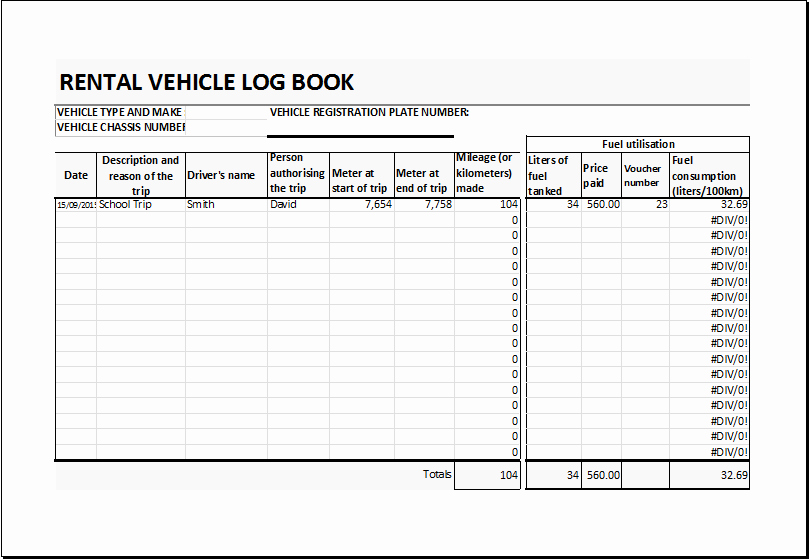 Rental Vehicle Log Book Template for Excel
