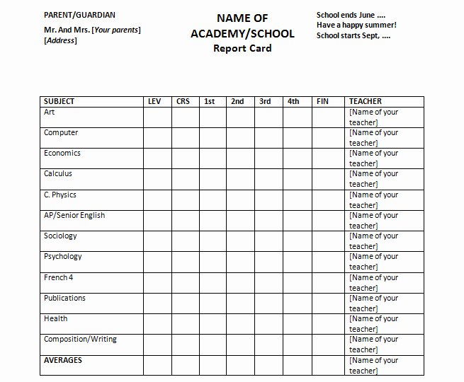 Report Card Template for Homeschools or Colleges Free Ms