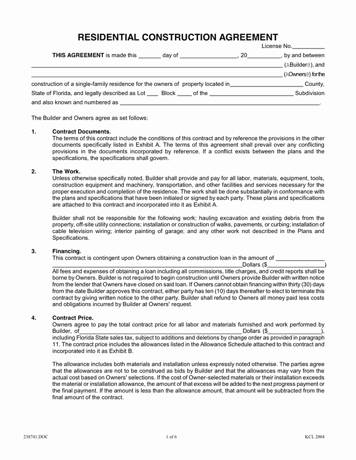 Residential Construction Agreement In Word and Pdf formats