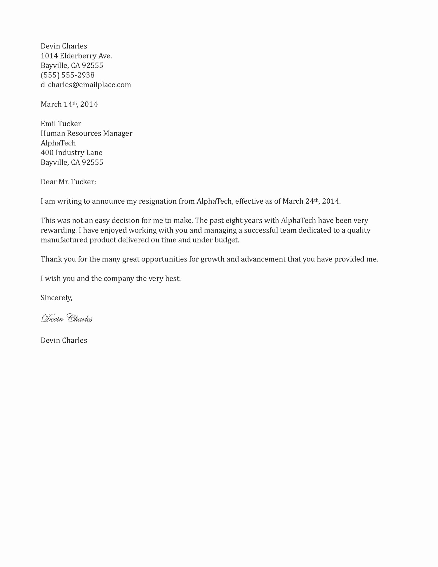 Resignation Letter 2 Week Notice