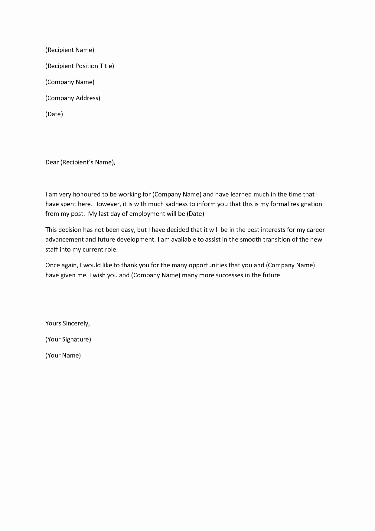 Resignation Letter Short Template Samplebusinessresume