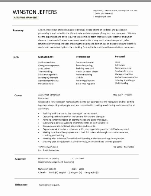 Restaurant assistant Manager Resume Templates Cv Example