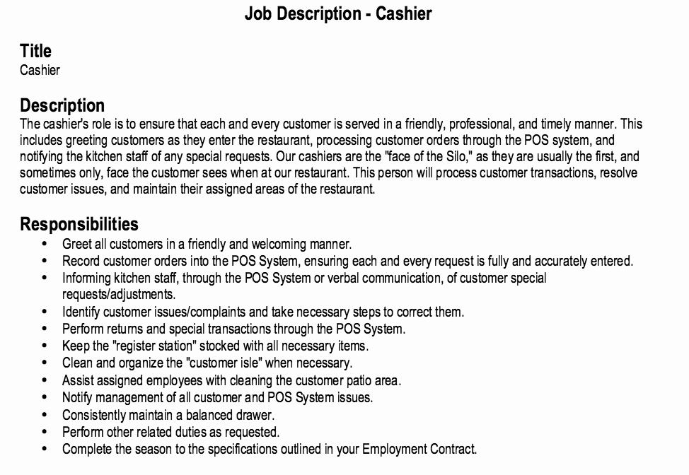 Restaurant Cashier Job Description Resume