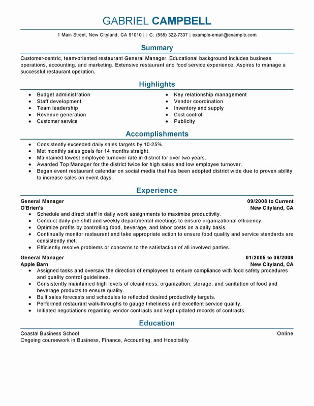 Restaurant General Manager Resume Examples Free to Try