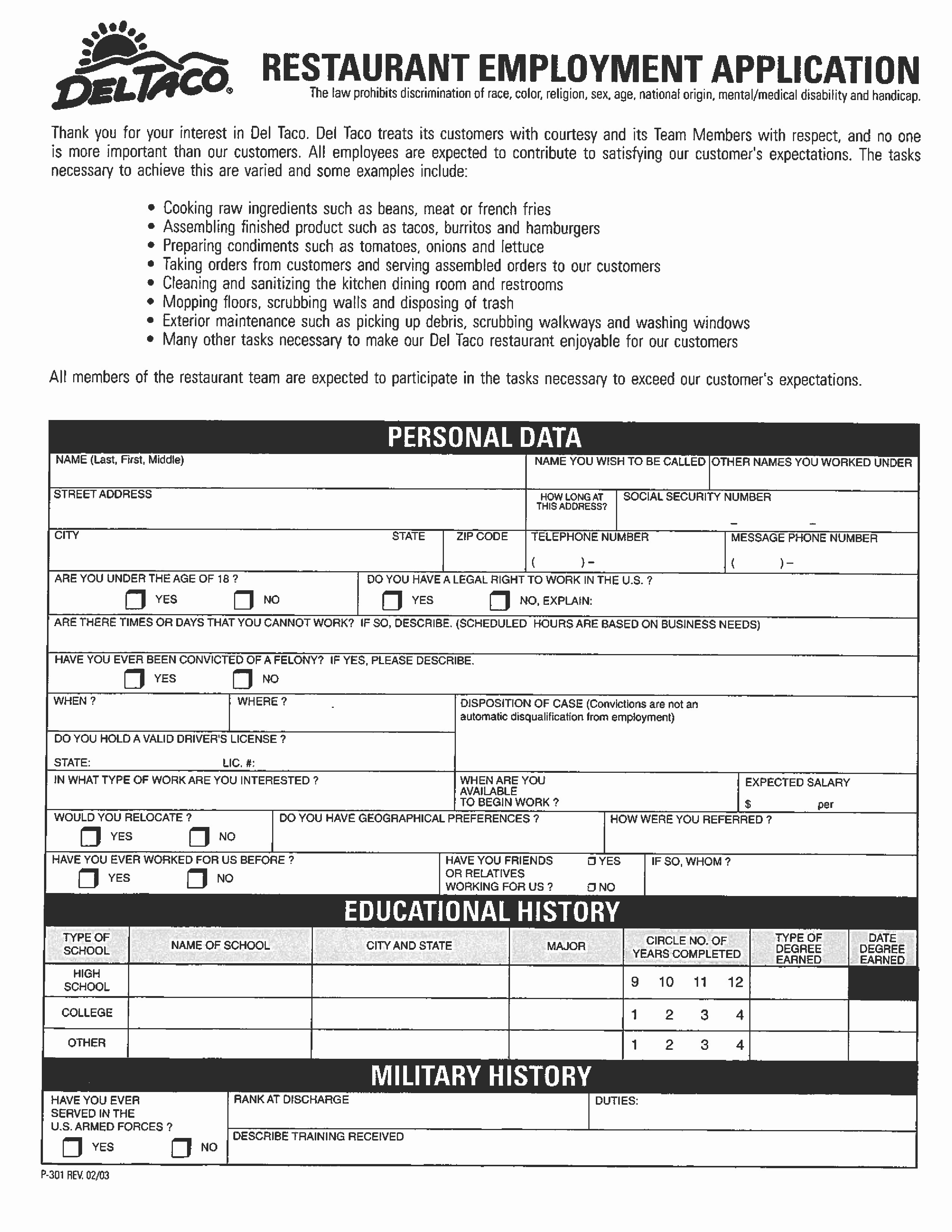 restaurant job application template