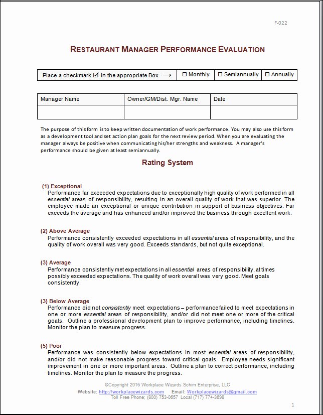 Restaurant Manager Performance Evaluation form