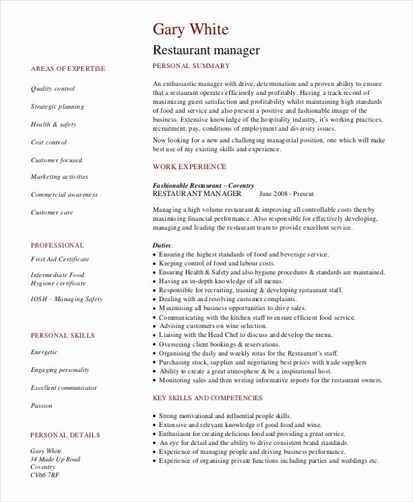 Restaurant Manager Resume Template 6 Free Word Pdf