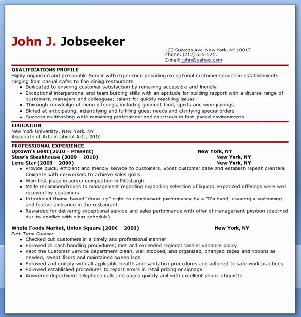 Restaurant Server Resume Sample Free