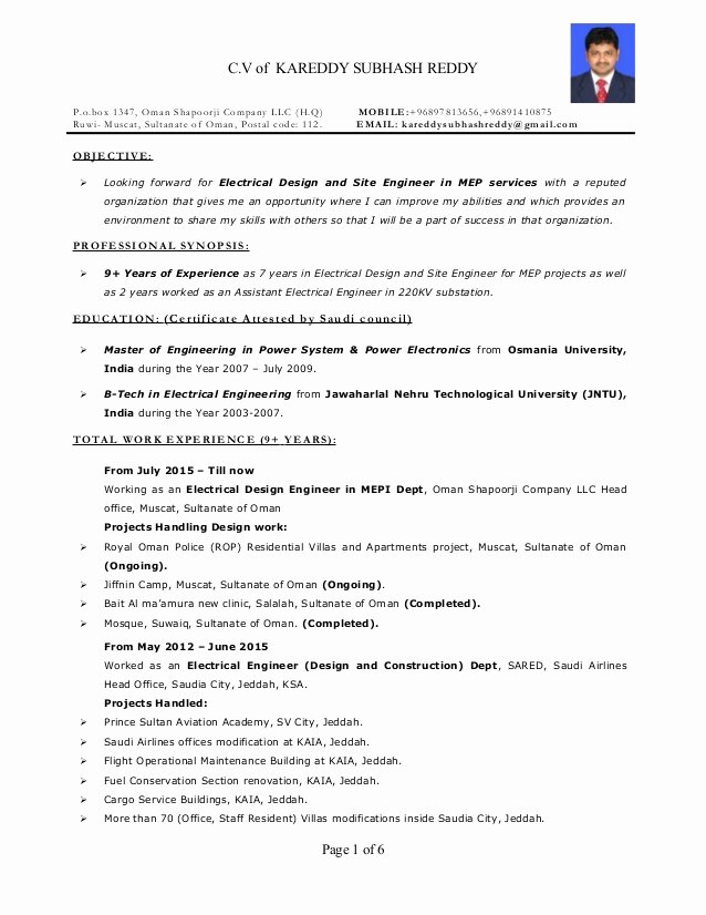 Resume Electrical Design and Site Engineer Mep 9 Years