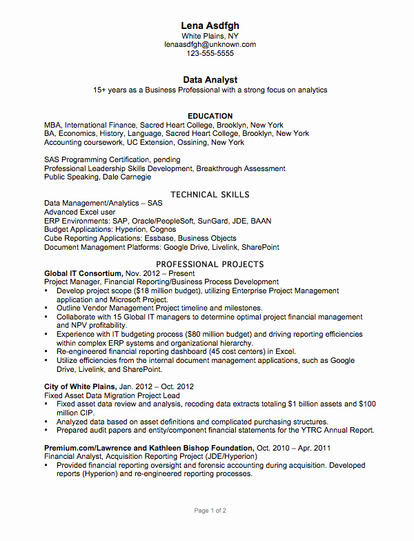 Resume Example for A Data Analyst Susan Ireland Resumes