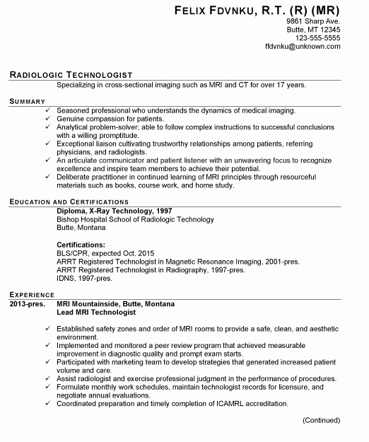 Resume Example for A Radiologic Technologist Susan