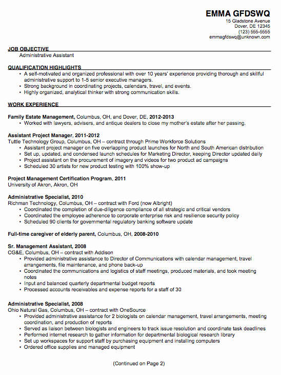 Resume Example for An Administrative assistant Susan