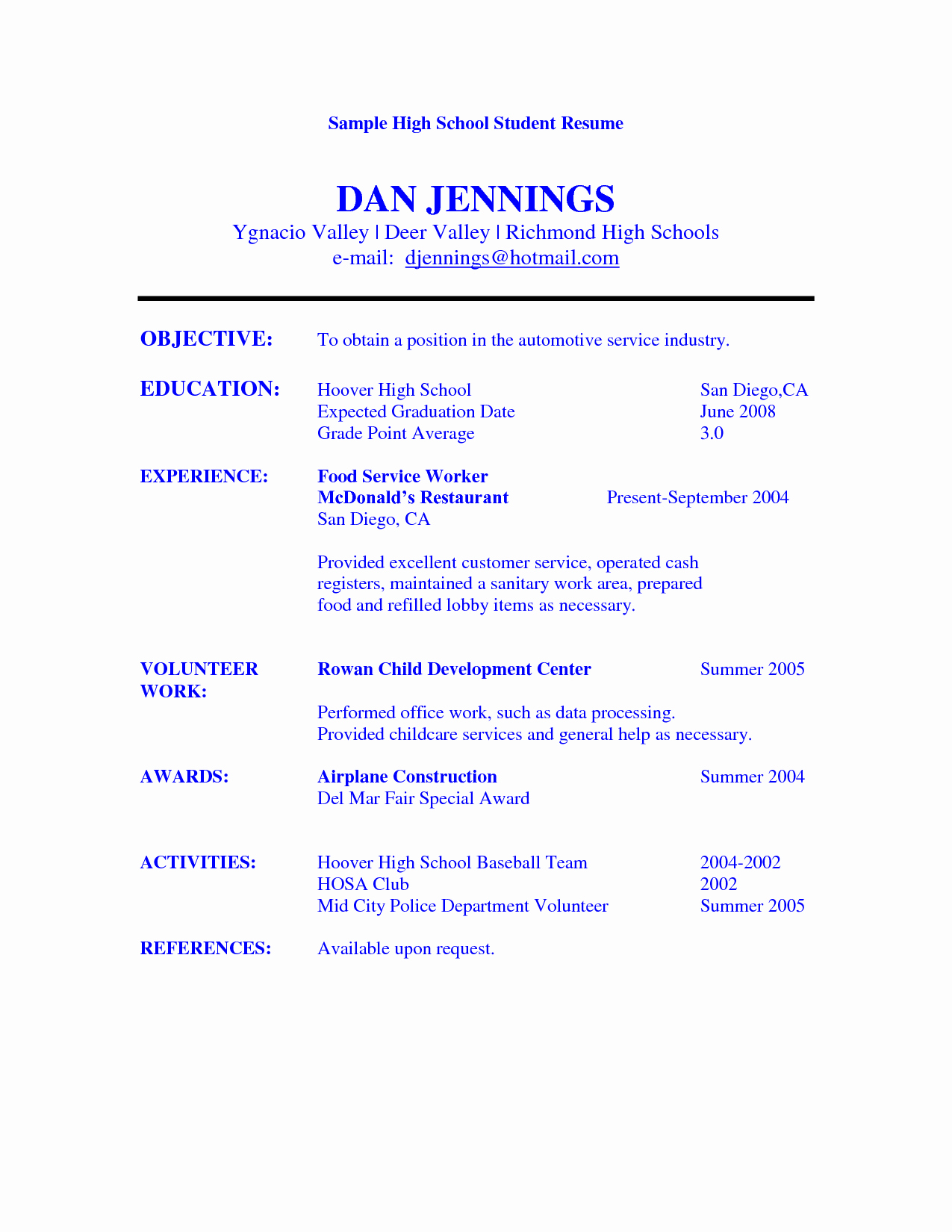 Resume Example for High School Student Sample Resumes