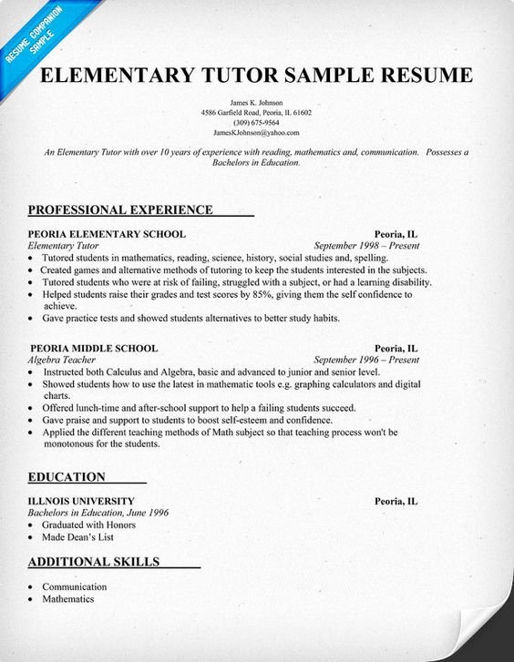 Resume Examples for Elementary Tutor Teacher Teachers